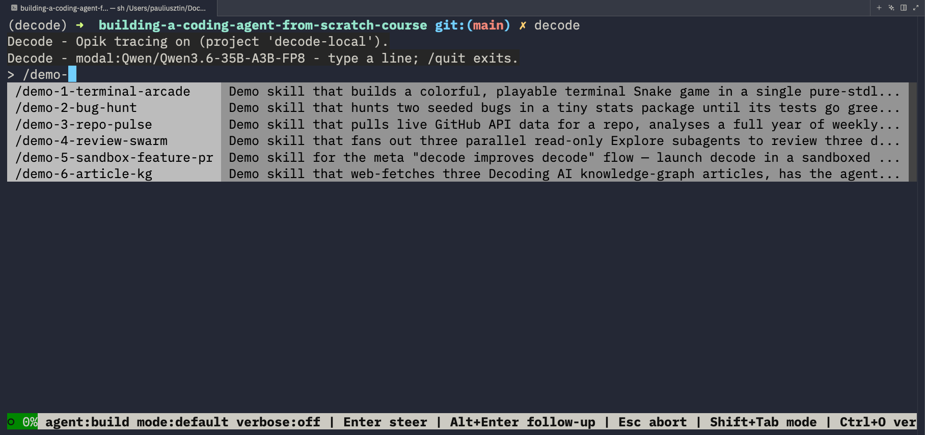 The demo skills listed inside the decode TUI after typing /demo-