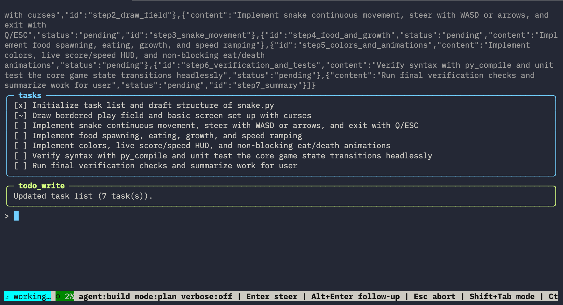decode in plan mode breaking the Snake demo into a task list with the todo tool