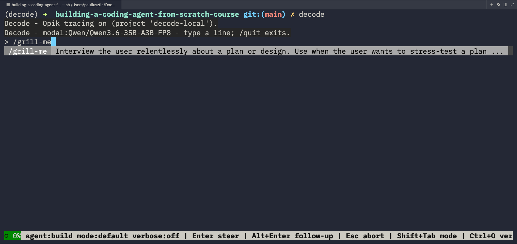A fresh decode session: Opik tracing on, a Modal-served Qwen model, skill autocomplete, steering keys in the footer